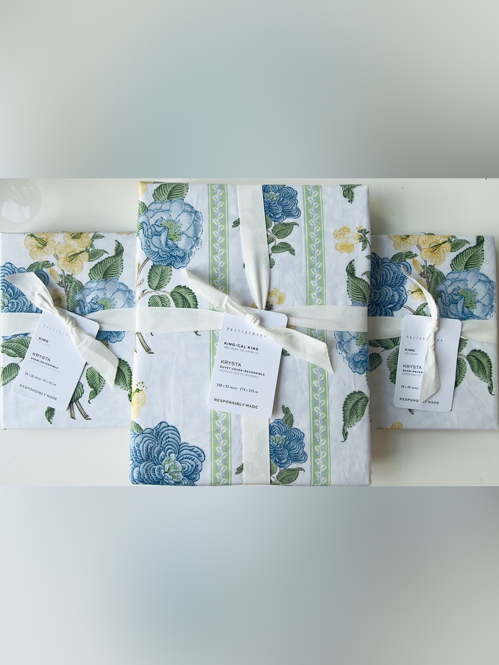 Pottery Barn K/CK Krysta Floral Reversible Percale Duvet Cover, King Shams, NWT